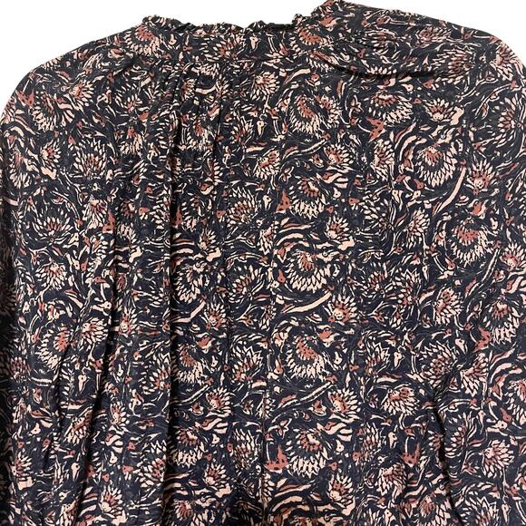 Faherty Portia Artisan Block Print 3/4 Sleeve Blouse Top Navy Tan Size M - Picture 5 of 8